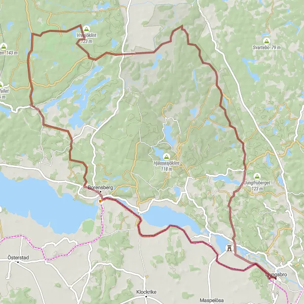 Kartminiatyr av "Äventyr på grusvägar i närheten av Ljungsbro" cykelinspiration i Östra Mellansverige, Sweden. Genererad av Tarmacs.app cykelruttplanerare