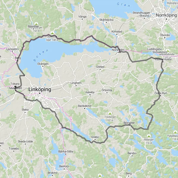 Kartminiatyr av "Utforska Hult och Sturefors på en 132 km lång landsvägsrunda" cykelinspiration i Östra Mellansverige, Sweden. Genererad av Tarmacs.app cykelruttplanerare