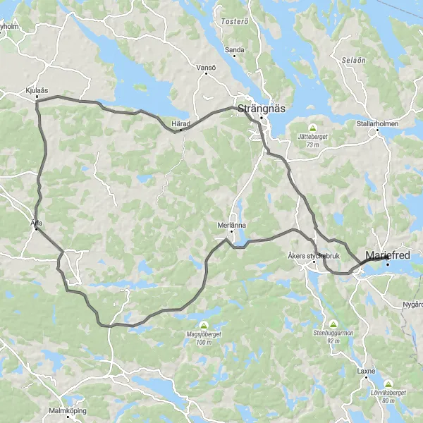Map miniature of "Scenic Road Cycling in Östra Mellansverige" cycling inspiration in Östra Mellansverige, Sweden. Generated by Tarmacs.app cycling route planner