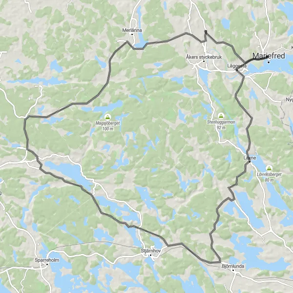 Map miniature of "Hills and Historic Landmarks" cycling inspiration in Östra Mellansverige, Sweden. Generated by Tarmacs.app cycling route planner