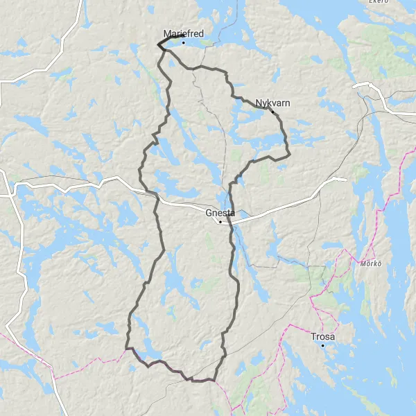 Kartminiatyr av "Mariefred - Bommersvik - Tystberga - Mariefred" cykelinspiration i Östra Mellansverige, Sweden. Genererad av Tarmacs.app cykelruttplanerare