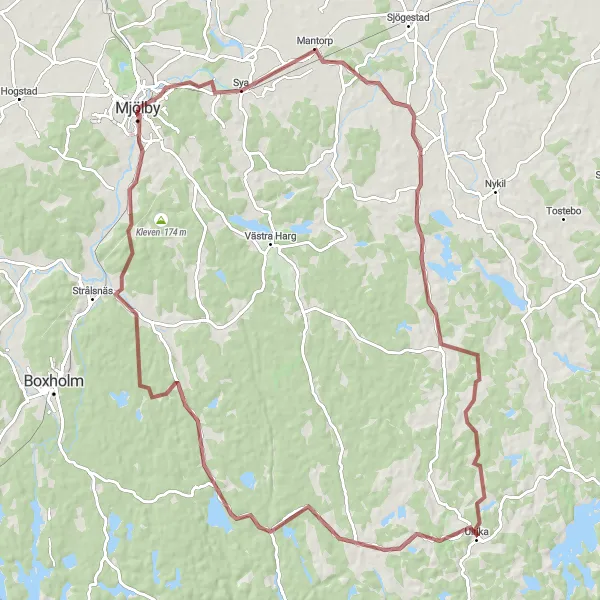 Map miniature of "Scenic Gravel Route towards Åsbo" cycling inspiration in Östra Mellansverige, Sweden. Generated by Tarmacs.app cycling route planner