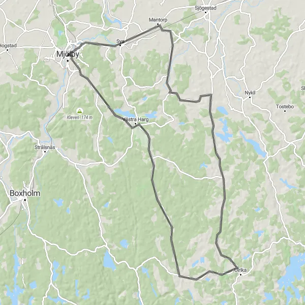 Map miniature of "Picturesque Road Cycling to Västra Harg" cycling inspiration in Östra Mellansverige, Sweden. Generated by Tarmacs.app cycling route planner