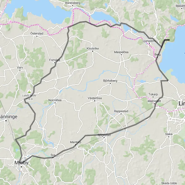 Map miniature of "Challenging Road Loop through Malmslätt" cycling inspiration in Östra Mellansverige, Sweden. Generated by Tarmacs.app cycling route planner