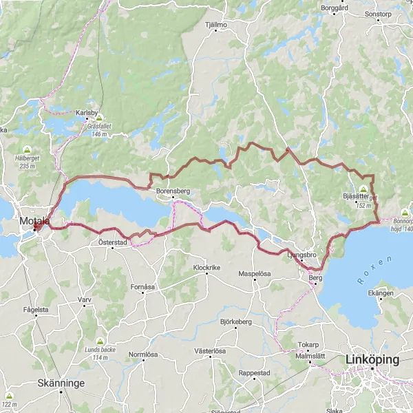 Map miniature of "Motala to Ekebyborna Gravel Ride" cycling inspiration in Östra Mellansverige, Sweden. Generated by Tarmacs.app cycling route planner