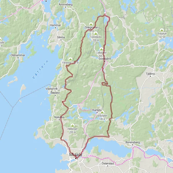 Map miniature of "Motala to Godegård Gravel Ride" cycling inspiration in Östra Mellansverige, Sweden. Generated by Tarmacs.app cycling route planner