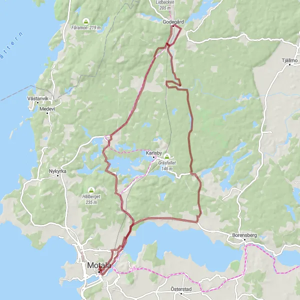 Kartminiatyr av "Skogsvägar från Motala till Hållingstorp" cykelinspiration i Östra Mellansverige, Sweden. Genererad av Tarmacs.app cykelruttplanerare