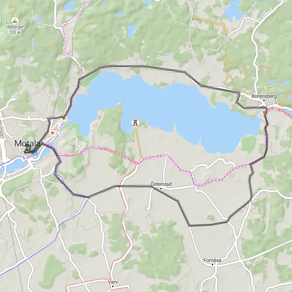 Map miniature of "Motala to Borensberg Loop" cycling inspiration in Östra Mellansverige, Sweden. Generated by Tarmacs.app cycling route planner