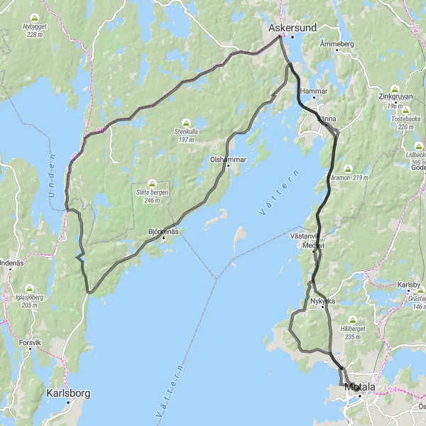 Kartminiatyr av "Historiska platser längs med vägen" cykelinspiration i Östra Mellansverige, Sweden. Genererad av Tarmacs.app cykelruttplanerare