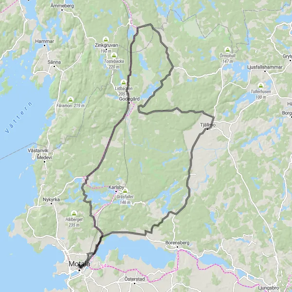 Kartminiatyr av "Motala - Godegård - Tjällmo - Motala" cykelinspiration i Östra Mellansverige, Sweden. Genererad av Tarmacs.app cykelruttplanerare