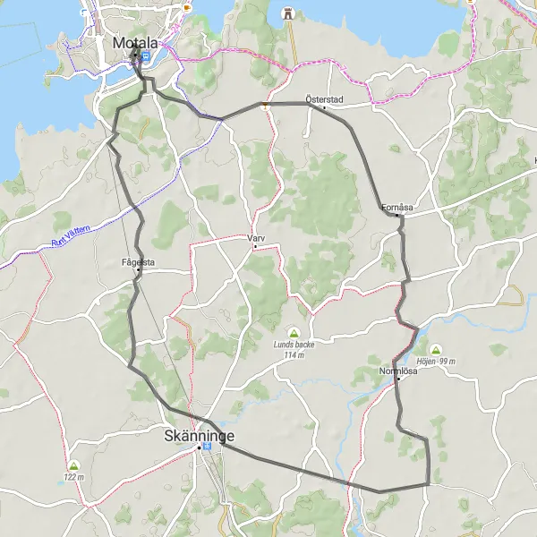 Map miniature of "Motala to Fornåsa Loop" cycling inspiration in Östra Mellansverige, Sweden. Generated by Tarmacs.app cycling route planner