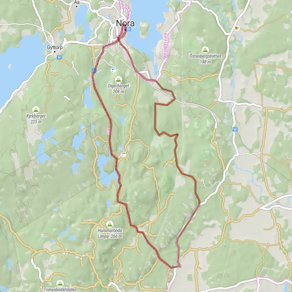 Map miniature of "Gravel Adventure in Nora and Beyond" cycling inspiration in Östra Mellansverige, Sweden. Generated by Tarmacs.app cycling route planner