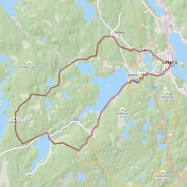 Map miniature of "Gravel Exploration of Nora" cycling inspiration in Östra Mellansverige, Sweden. Generated by Tarmacs.app cycling route planner