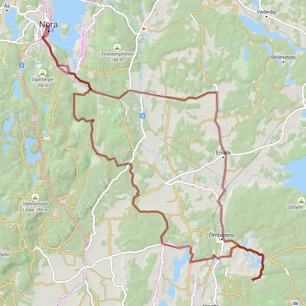 Kartminiatyr av "Nora - Dylta Bruk - Hästskoberget - Nora" cykelinspiration i Östra Mellansverige, Sweden. Genererad av Tarmacs.app cykelruttplanerare