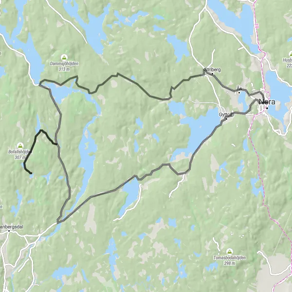 Map miniature of "Nora to Gyttorp Road Cycling Route" cycling inspiration in Östra Mellansverige, Sweden. Generated by Tarmacs.app cycling route planner
