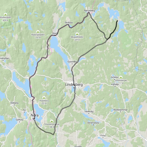 Map miniature of "Nora and the Surrounding Gems" cycling inspiration in Östra Mellansverige, Sweden. Generated by Tarmacs.app cycling route planner