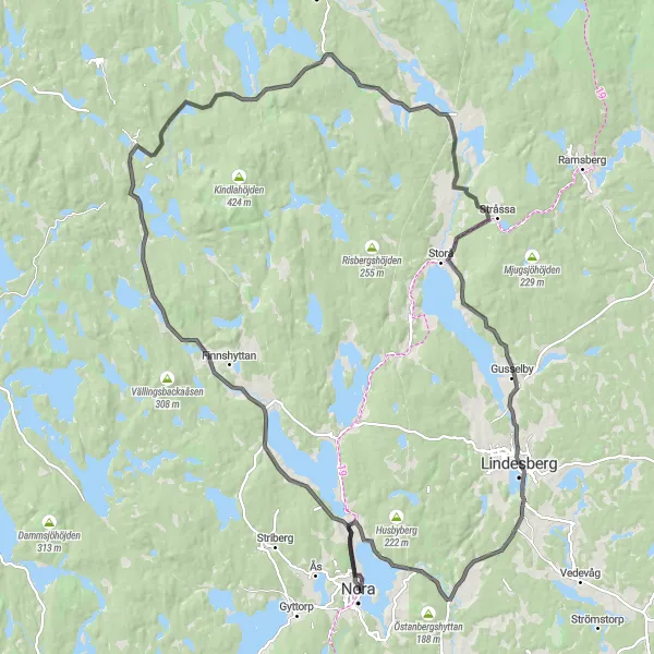 Map miniature of "Ultimate Road Cycling Challenge: Nora to Lindesberg" cycling inspiration in Östra Mellansverige, Sweden. Generated by Tarmacs.app cycling route planner