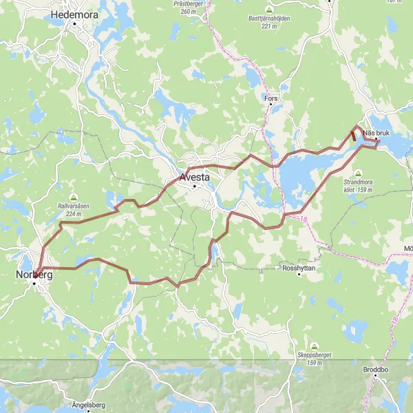 Kartminiatyr av "Norberg - Paviljongen - Kärrgruvan - Nordanö - Näs bruk - Högsberget - Nyhyttan" cykelinspiration i Östra Mellansverige, Sweden. Genererad av Tarmacs.app cykelruttplanerare