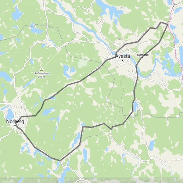 Map miniature of "Road Bliss: Norberg Serenade" cycling inspiration in Östra Mellansverige, Sweden. Generated by Tarmacs.app cycling route planner