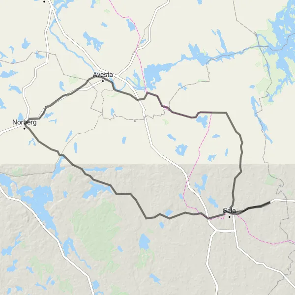 Map miniature of "Sala and Västerfärnebo Adventure" cycling inspiration in Östra Mellansverige, Sweden. Generated by Tarmacs.app cycling route planner