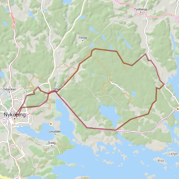 Map miniature of "Serenity Gravel Ride near Nyköping" cycling inspiration in Östra Mellansverige, Sweden. Generated by Tarmacs.app cycling route planner