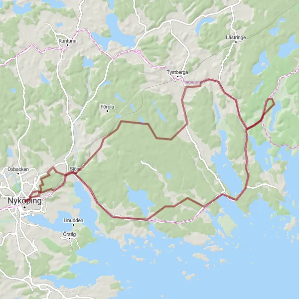 Map miniature of "The Best of Nyköping Gravel Route" cycling inspiration in Östra Mellansverige, Sweden. Generated by Tarmacs.app cycling route planner