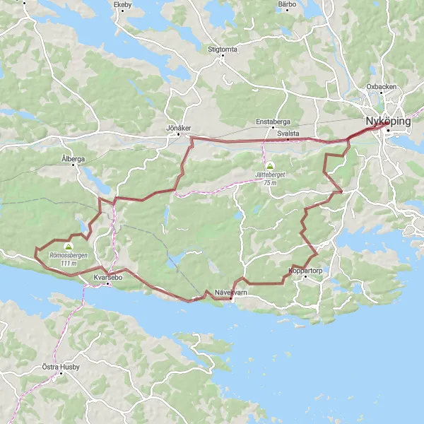 Map miniature of "Challenging Gravel Ride with Koppartorp Highlights" cycling inspiration in Östra Mellansverige, Sweden. Generated by Tarmacs.app cycling route planner