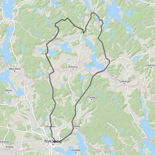 Map miniature of "Challenging Road Ride around Nyköping" cycling inspiration in Östra Mellansverige, Sweden. Generated by Tarmacs.app cycling route planner