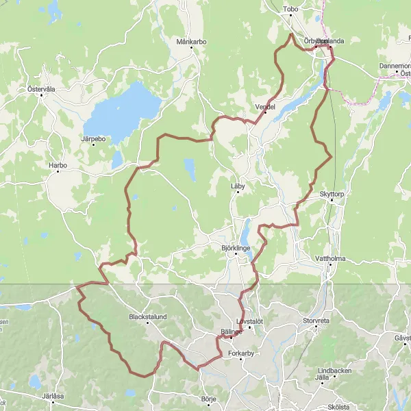 Map miniature of "Gravel Adventure in Vänge" cycling inspiration in Östra Mellansverige, Sweden. Generated by Tarmacs.app cycling route planner