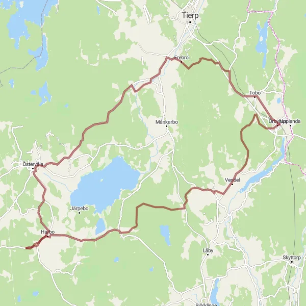 Kartminiatyr av "Vackra Vendel till Tobo Grusvägstur" cykelinspiration i Östra Mellansverige, Sweden. Genererad av Tarmacs.app cykelruttplanerare