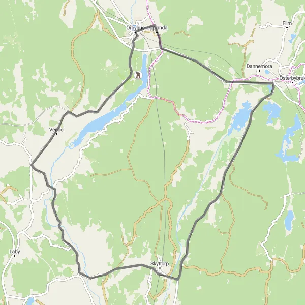 Map miniature of "Örbyhus and Vendel Loop" cycling inspiration in Östra Mellansverige, Sweden. Generated by Tarmacs.app cycling route planner