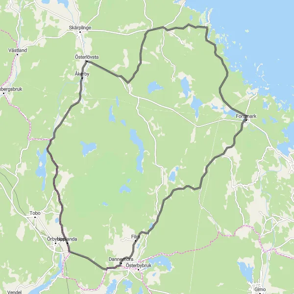 Map miniature of "Scenic Road Loop from Örbyhus" cycling inspiration in Östra Mellansverige, Sweden. Generated by Tarmacs.app cycling route planner