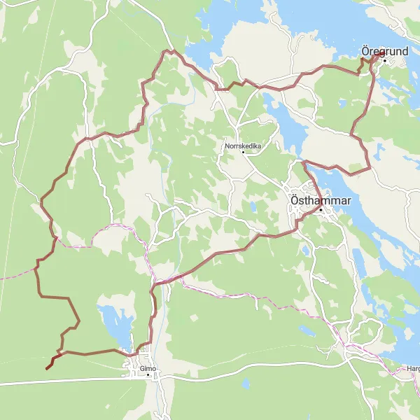 Kartminiatyr av "Grusvägar i Östhammar" cykelinspiration i Östra Mellansverige, Sweden. Genererad av Tarmacs.app cykelruttplanerare