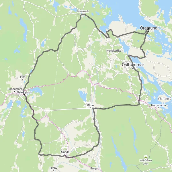 Map miniature of "Östhammar and Alunda Loop" cycling inspiration in Östra Mellansverige, Sweden. Generated by Tarmacs.app cycling route planner