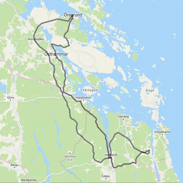 Map miniature of "Öregrund to Norrskedika and Back" cycling inspiration in Östra Mellansverige, Sweden. Generated by Tarmacs.app cycling route planner