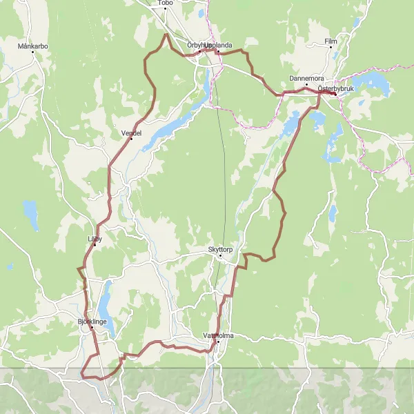 Map miniature of "Österbybruk and Dannemora Gravel Cycling Route" cycling inspiration in Östra Mellansverige, Sweden. Generated by Tarmacs.app cycling route planner