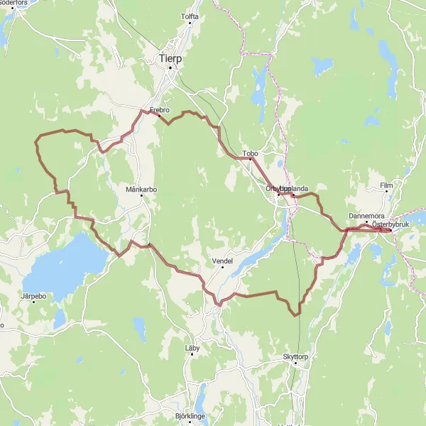 Map miniature of "Österbybruk to Dannemora Scenic Gravel Cycling Route" cycling inspiration in Östra Mellansverige, Sweden. Generated by Tarmacs.app cycling route planner