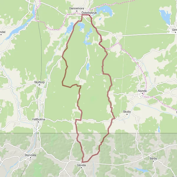 Map miniature of "Österbybruk - Lantgården Gravel Route" cycling inspiration in Östra Mellansverige, Sweden. Generated by Tarmacs.app cycling route planner