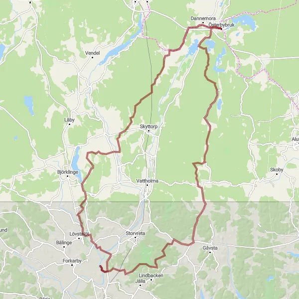 Map miniature of "Österbybruk - Dannemora Gravel Route" cycling inspiration in Östra Mellansverige, Sweden. Generated by Tarmacs.app cycling route planner