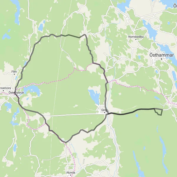 Map miniature of "Österbybruk - Knaby Road Route" cycling inspiration in Östra Mellansverige, Sweden. Generated by Tarmacs.app cycling route planner