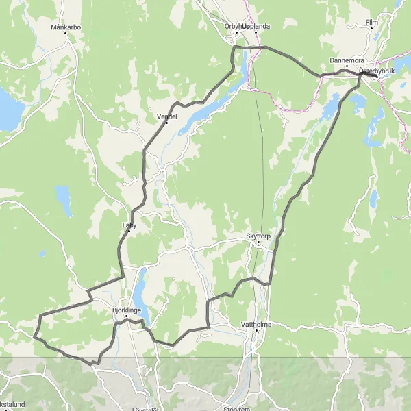 Map miniature of "Österbybruk and Dannemora Scenic Road Cycling Route" cycling inspiration in Östra Mellansverige, Sweden. Generated by Tarmacs.app cycling route planner