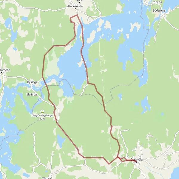Kartminiatyr av "Grusväg till Hedesunda" cykelinspiration i Östra Mellansverige, Sweden. Genererad av Tarmacs.app cykelruttplanerare