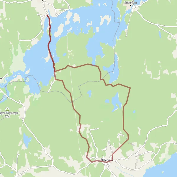 Map miniature of "Östervåla Gravel Adventure" cycling inspiration in Östra Mellansverige, Sweden. Generated by Tarmacs.app cycling route planner