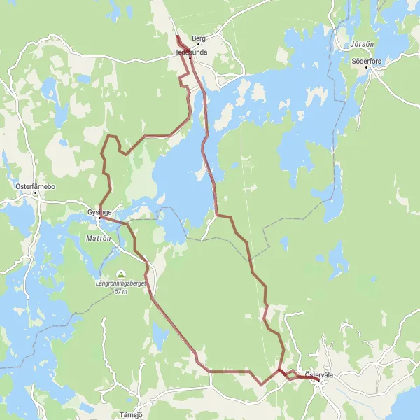 Map miniature of "Östervåla and Gysinge Gravel Adventure" cycling inspiration in Östra Mellansverige, Sweden. Generated by Tarmacs.app cycling route planner