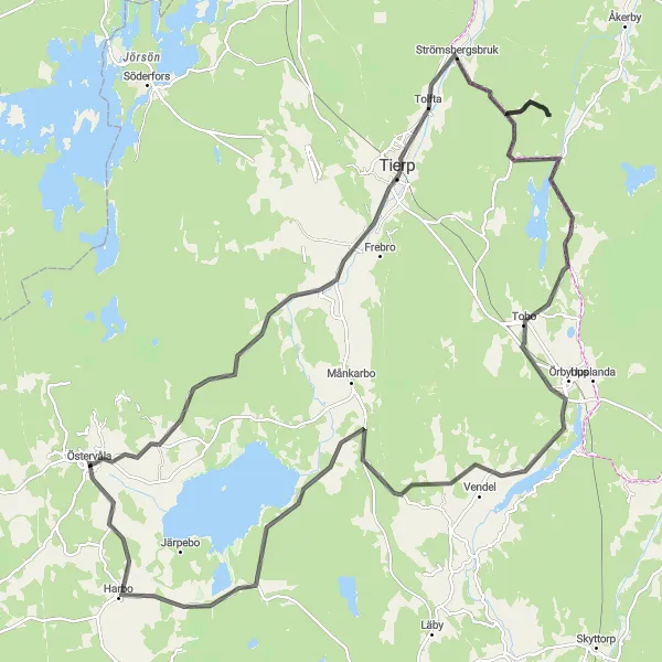 Map miniature of "Östervåla to Harbo Road Cycling Route" cycling inspiration in Östra Mellansverige, Sweden. Generated by Tarmacs.app cycling route planner