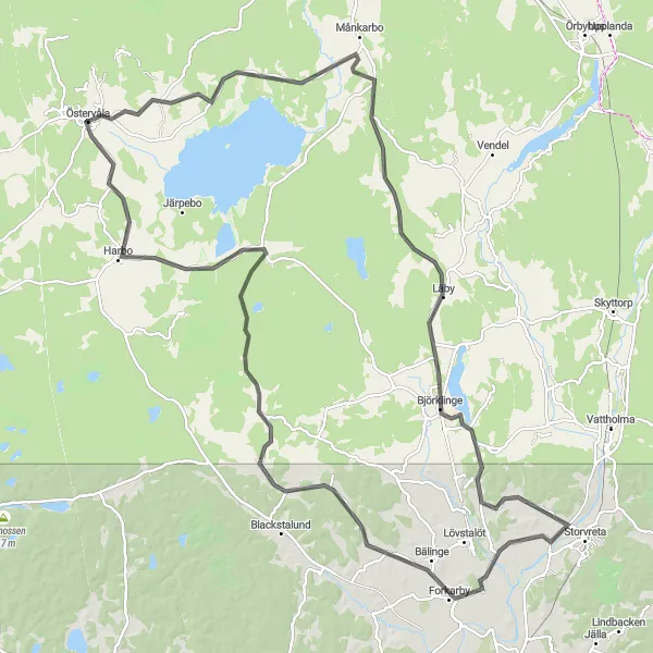 Map miniature of "Östervåla and Harbo Scenic Route" cycling inspiration in Östra Mellansverige, Sweden. Generated by Tarmacs.app cycling route planner
