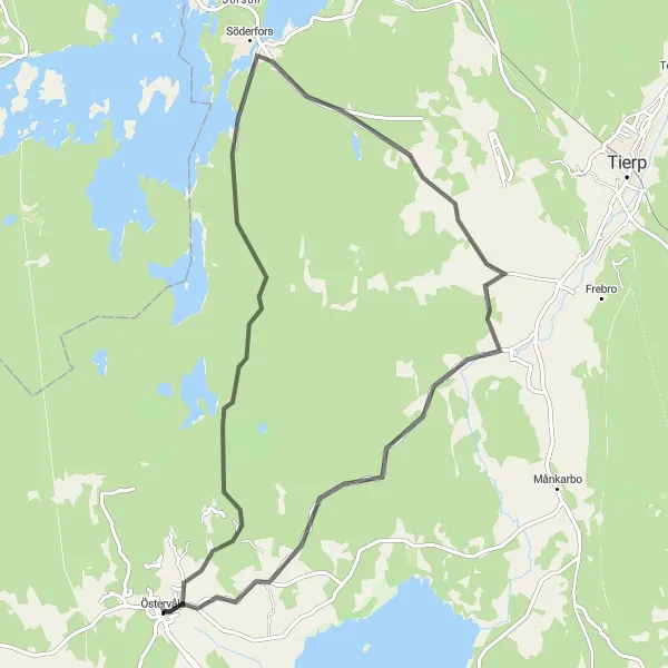 Map miniature of "Östervåla and Ullfors Loop" cycling inspiration in Östra Mellansverige, Sweden. Generated by Tarmacs.app cycling route planner