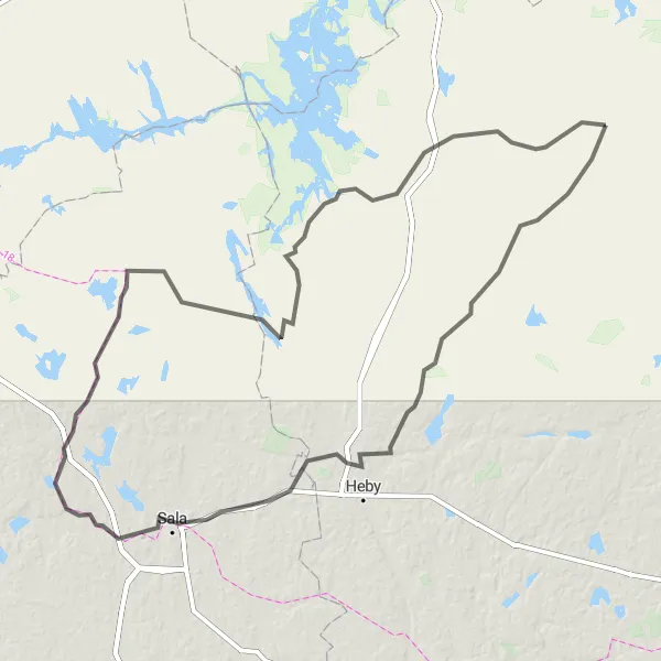 Map miniature of "Huddunge and Sala Adventure" cycling inspiration in Östra Mellansverige, Sweden. Generated by Tarmacs.app cycling route planner