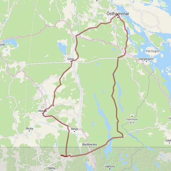 Map miniature of "Kyrkbyn Gravel" cycling inspiration in Östra Mellansverige, Sweden. Generated by Tarmacs.app cycling route planner