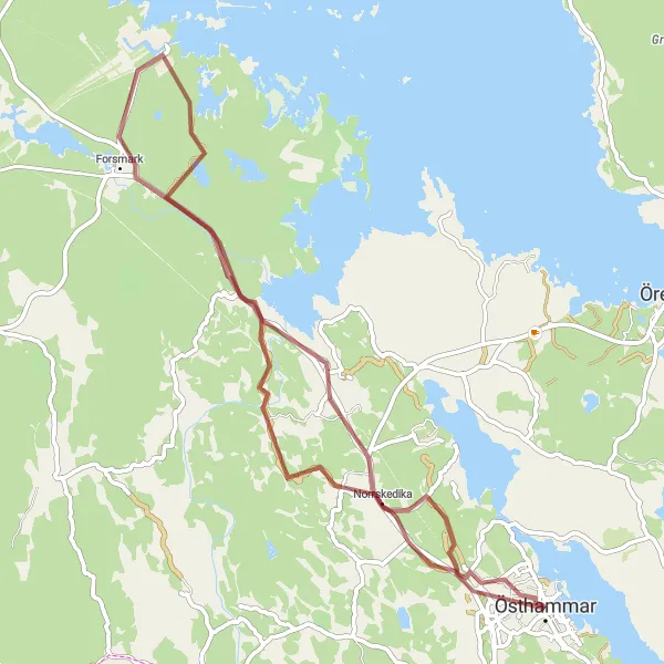 Map miniature of "Norrskedika Gravel" cycling inspiration in Östra Mellansverige, Sweden. Generated by Tarmacs.app cycling route planner